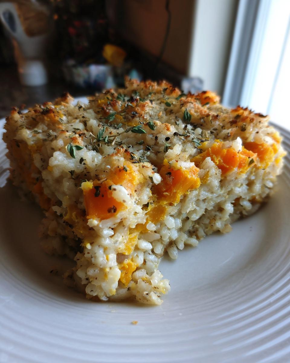A close-up serving of Butternut Squash And Rice Casserole, showing creamy rice and bright orange squash chunks, topped with herbs.