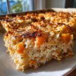 A close-up slice of creamy Butternut Squash And Rice Casserole with a golden, cheesy, baked top.