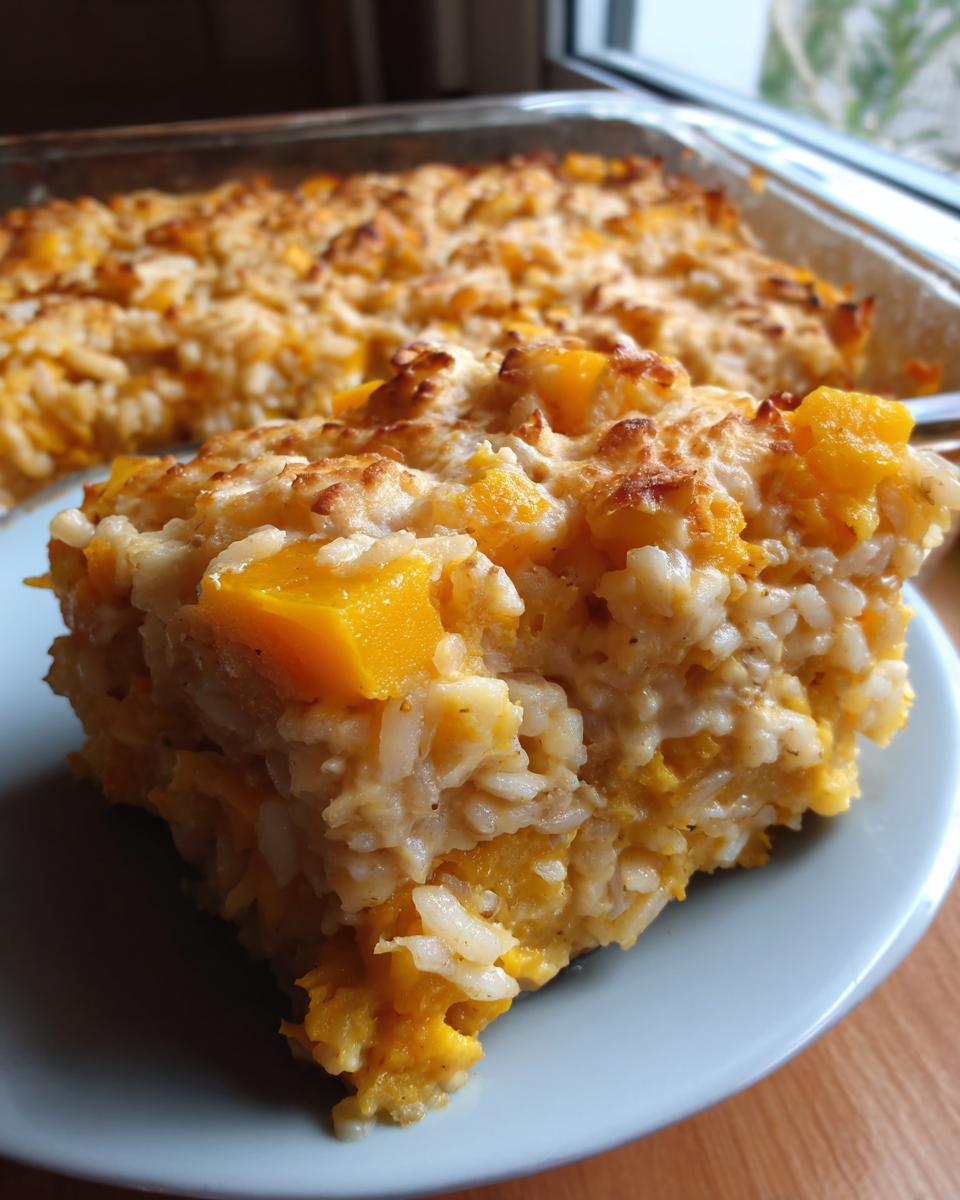 A close-up slice of baked Butternut Squash And Rice Casserole on a light blue plate.