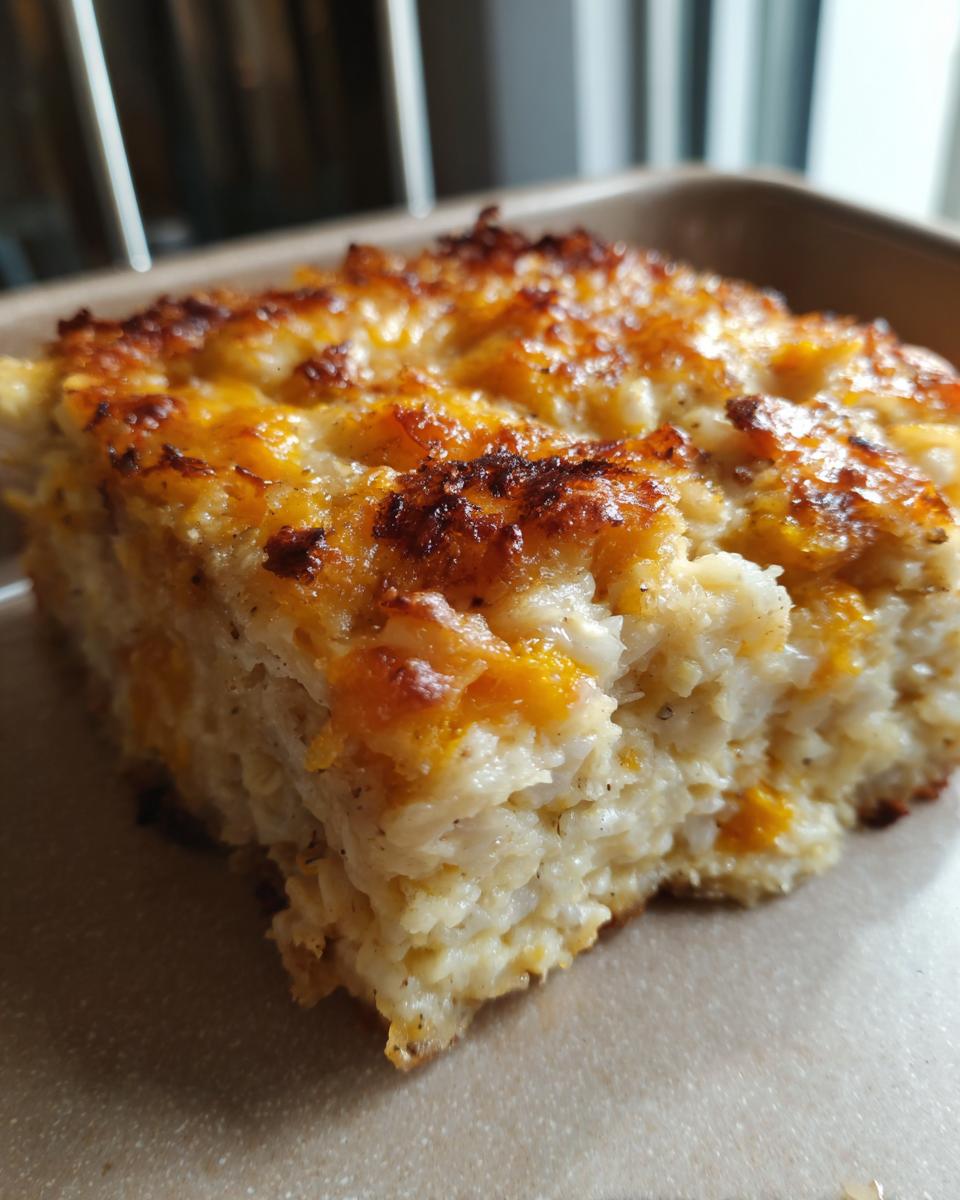 Close-up of a square serving of Butternut Squash And Rice Casserole with a golden, bubbly, and slightly browned cheese topping.