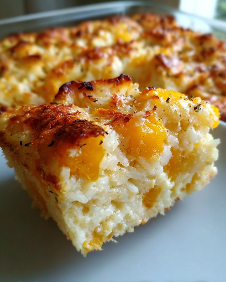A close-up slice of baked Butternut Squash And Rice Casserole showing creamy rice and bright orange squash chunks.