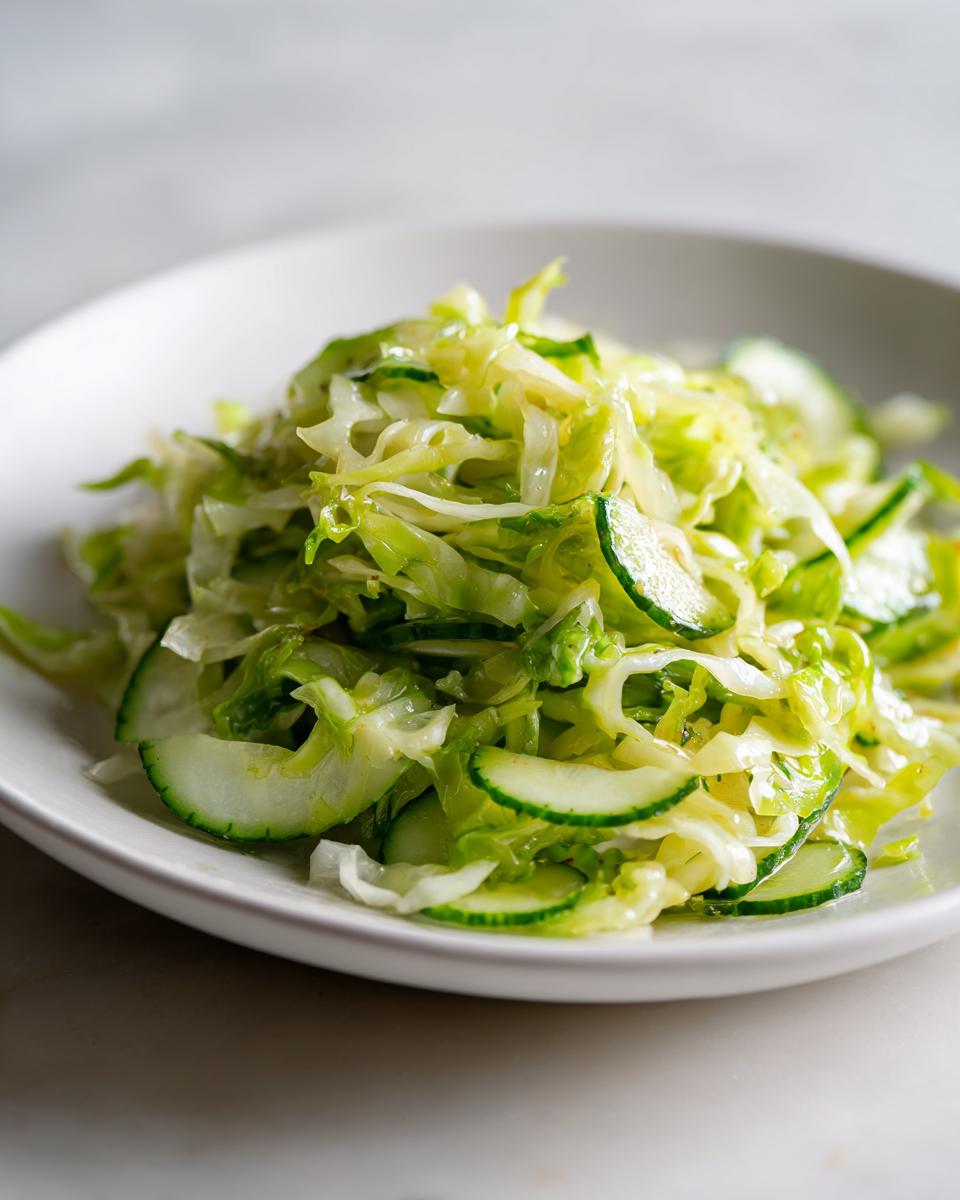 Close-up of a vibrant Cabbage Cucumber Salad featuring shredded cabbage and thin cucumber slices tossed in a light dressing.