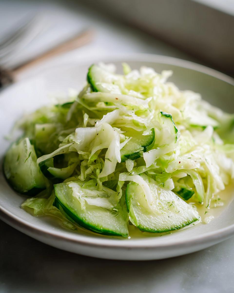 Close-up of a bright Cabbage Cucumber Salad featuring shredded cabbage and thick cucumber slices dressed lightly.