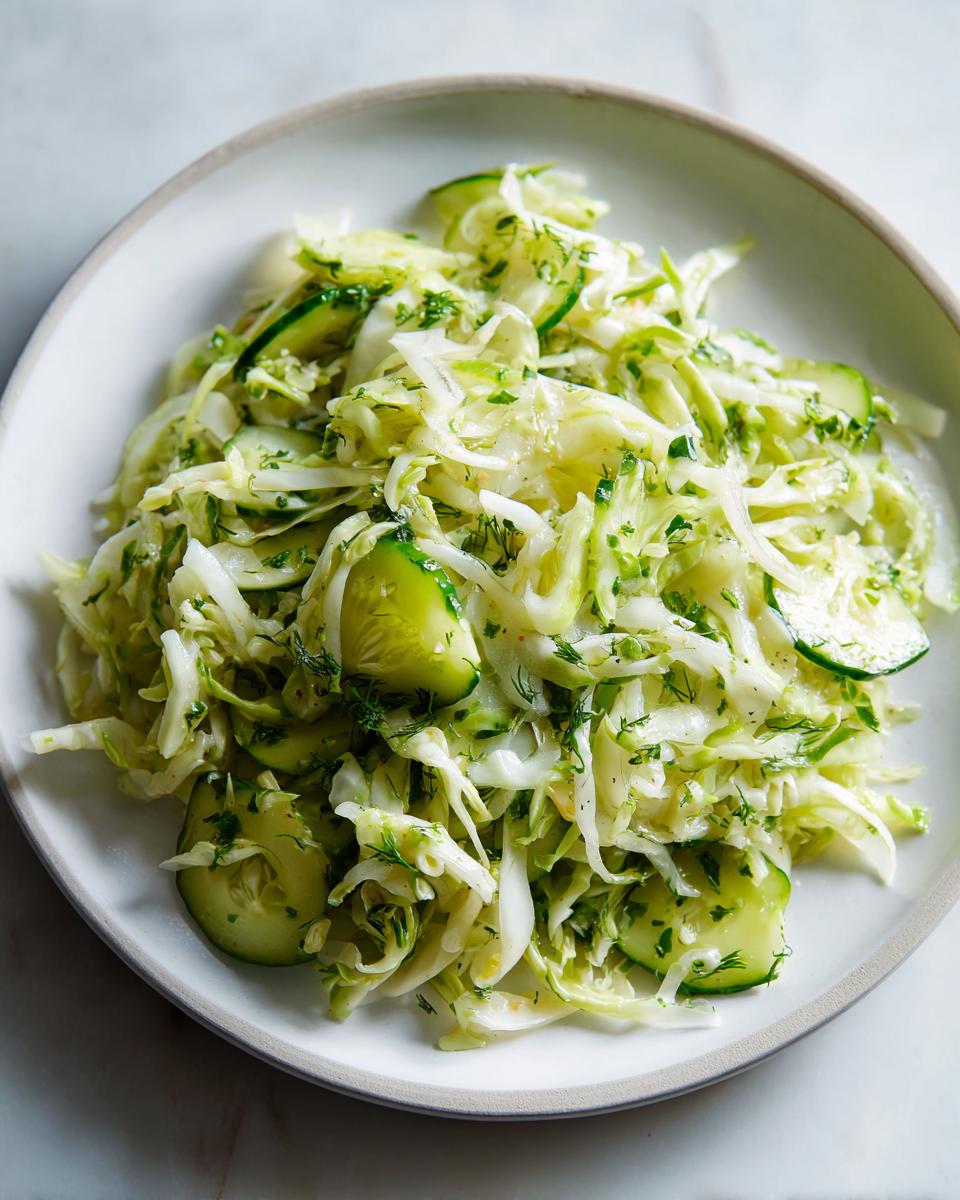Close-up of a bright Cabbage Cucumber Salad with sliced cucumbers and fresh dill on a white plate.