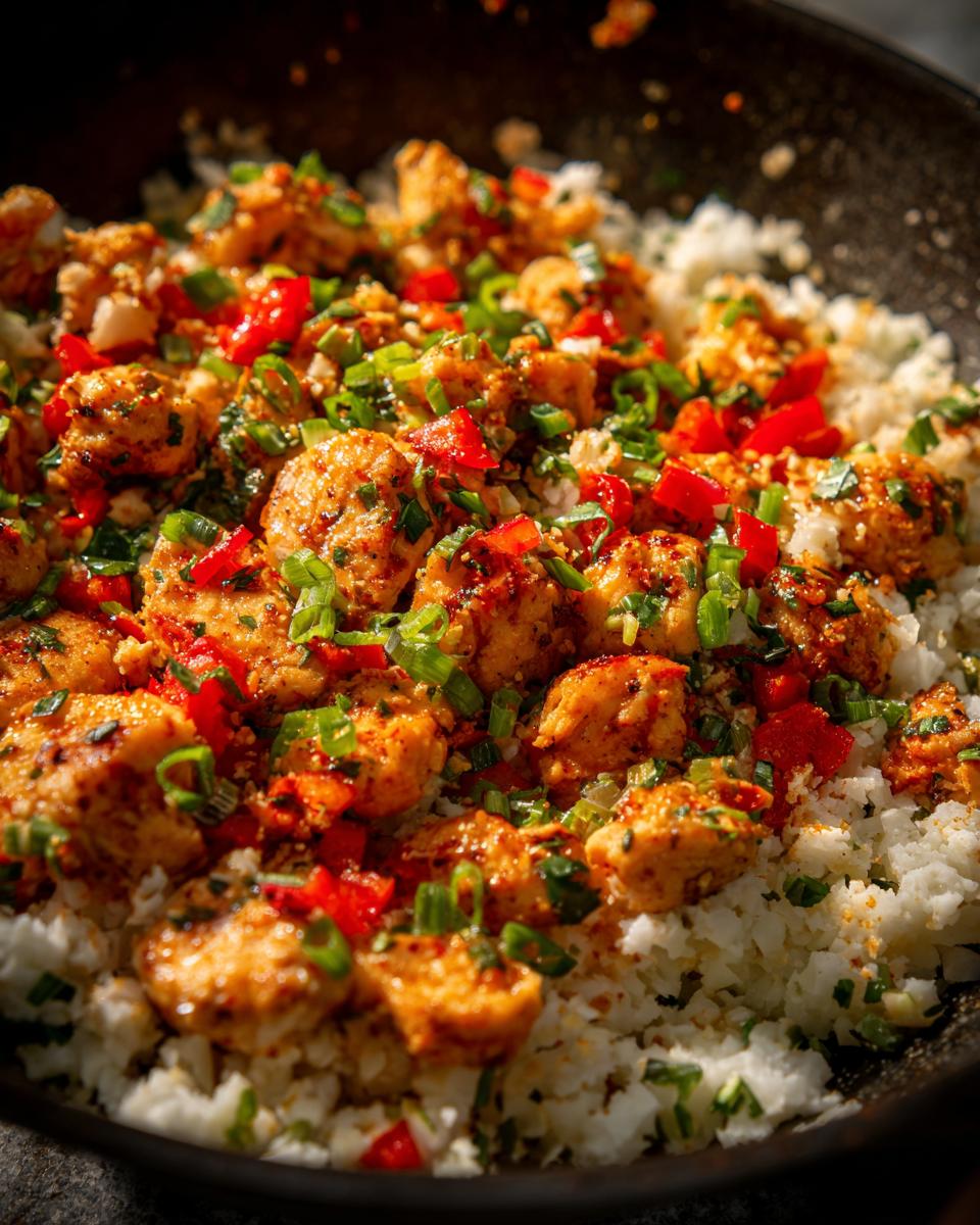 Close-up of seasoned Cajun chicken pieces served over white cauliflower rice, topped with diced red peppers and green onions.