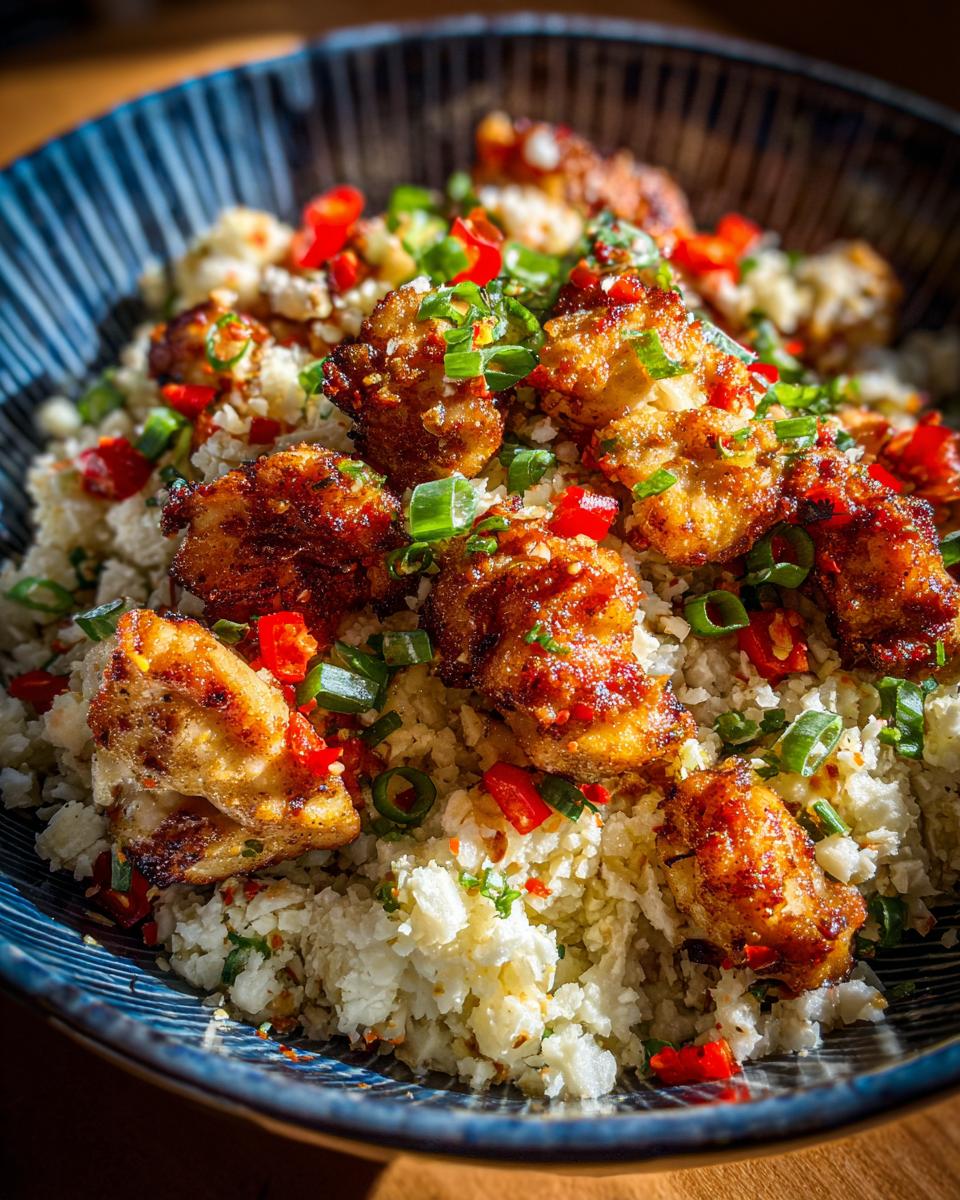 Close-up of Cajun Chicken Cauliflower Rice Bowls featuring browned chicken pieces over white cauliflower rice, topped with red chili and green onions.