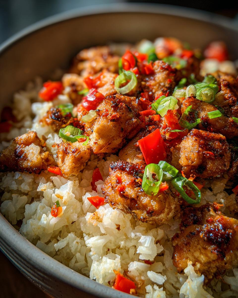 Close-up of seasoned Cajun Chicken served over white cauliflower rice, garnished with red peppers and green onions.