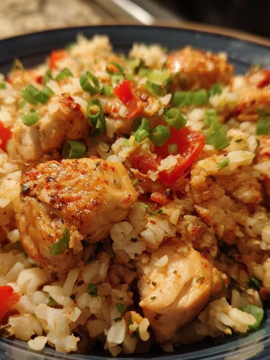 Close-up of Cajun Chicken Cauliflower Rice Bowls featuring seasoned chicken pieces over riced cauliflower, topped with red peppers and green onions.