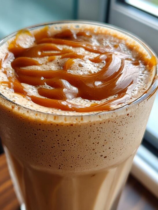 Close-up of a tall glass filled with a frothy Caramel Banana Smoothie, topped with a rich caramel swirl.
