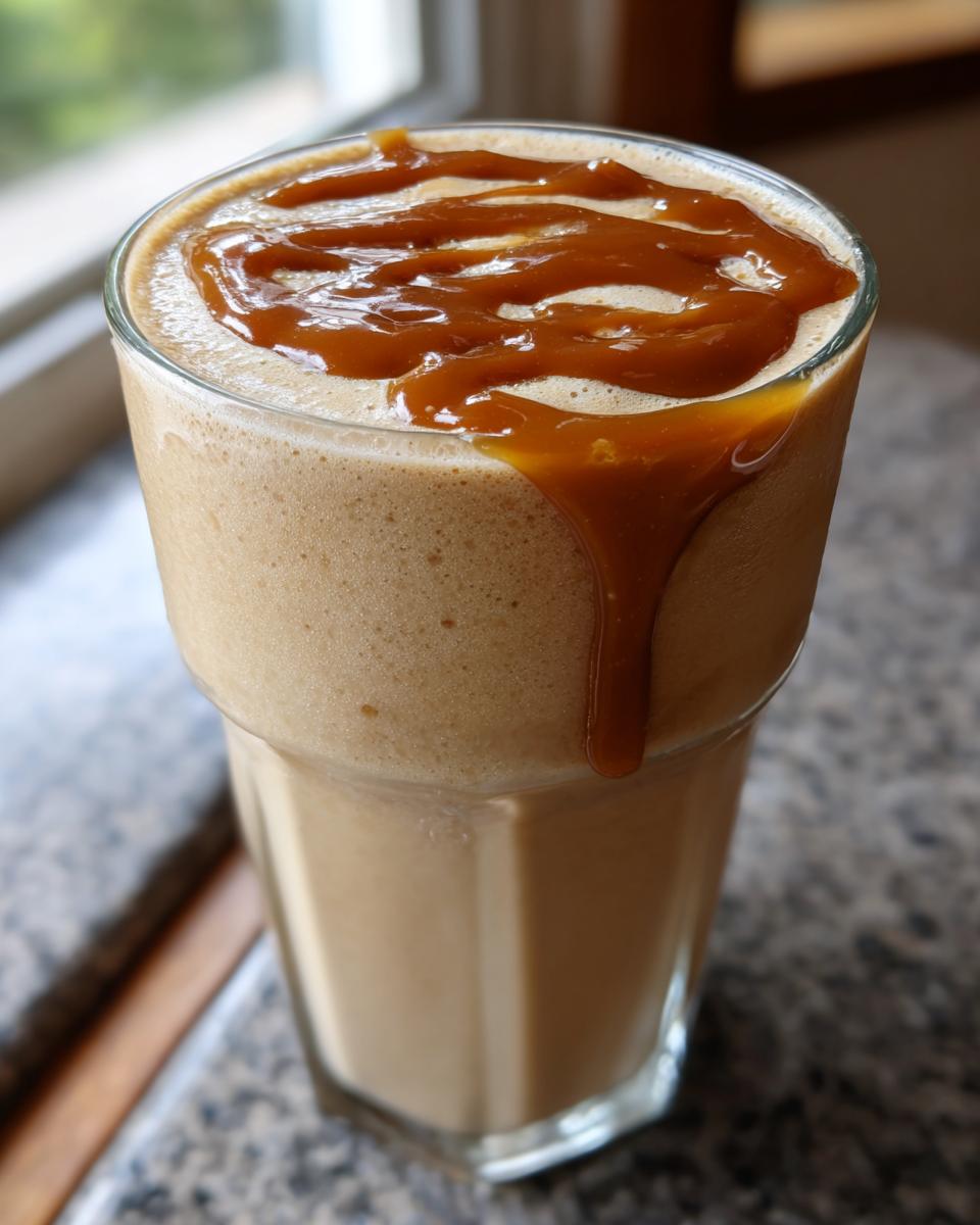 Close-up of a thick, blended Caramel Banana Smoothie in a glass, drizzled generously with caramel sauce.