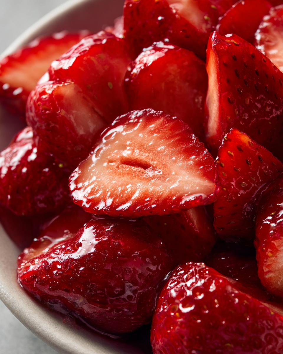 Close-up of sliced, glistening Champagne Strawberries soaking in their sweet liquid in a light-colored bowl.