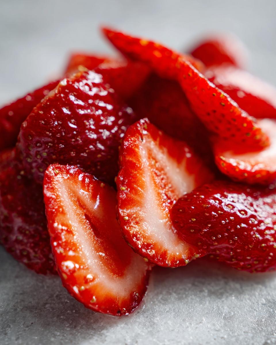 Close-up of glistening, sliced Champagne Strawberries piled on a light gray surface.
