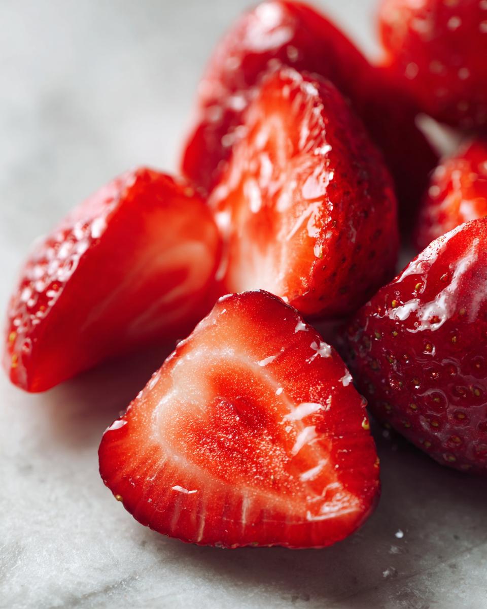 Close-up of bright red, glistening, sliced Champagne Strawberries sprinkled with sugar.