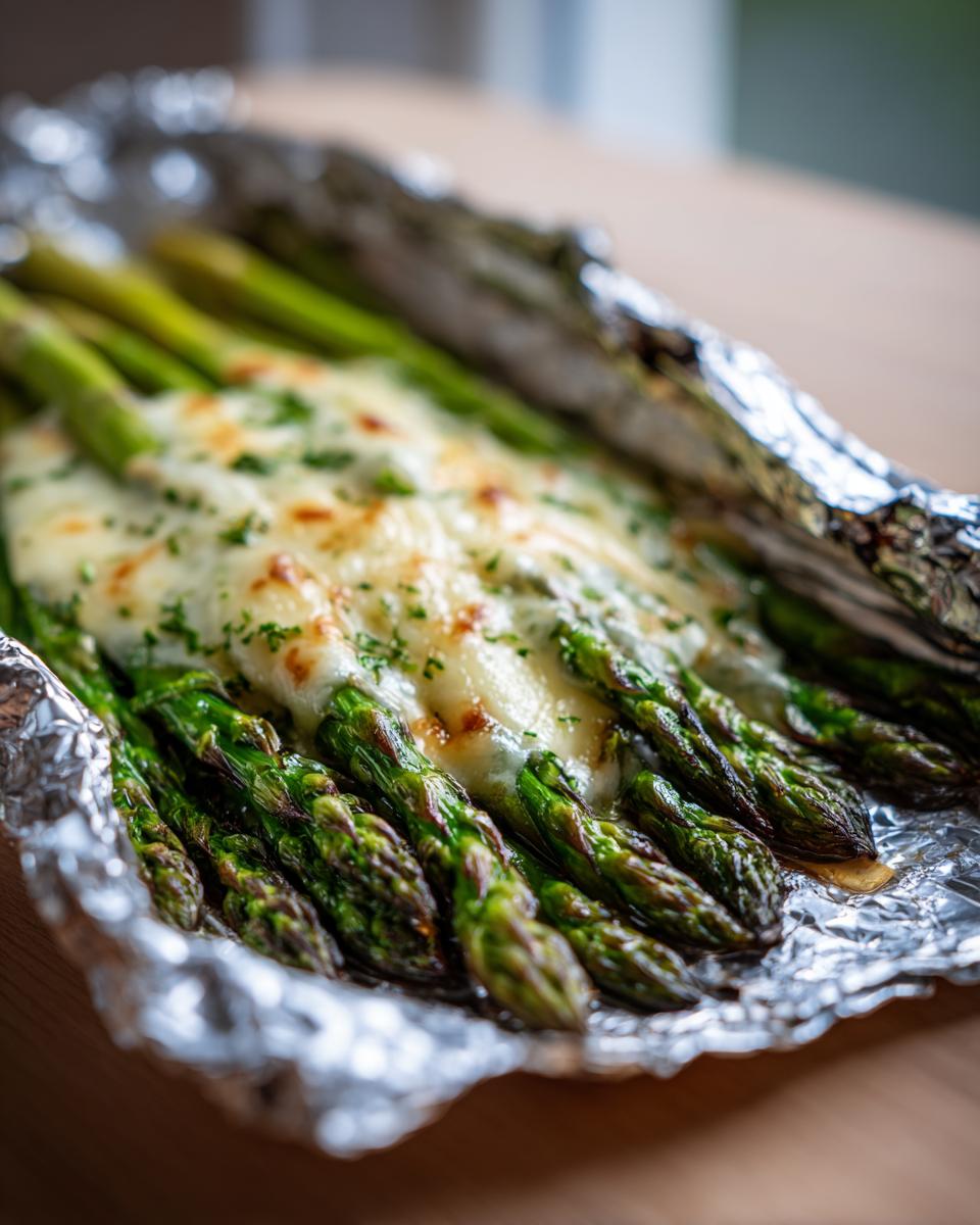 Close-up of bright green asparagus topped with melted, slightly browned cheese in a foil pack.