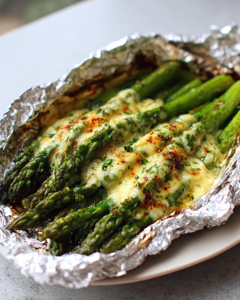 Close-up of bright green asparagus topped with melted cheese and herbs inside a foil pack.