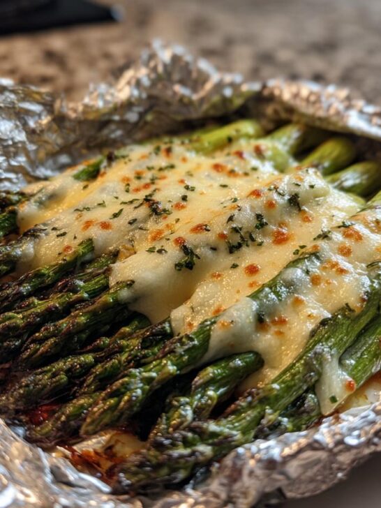 Close-up of Cheesy Grilled Asparagus Foil Packs topped with melted cheese and herbs.