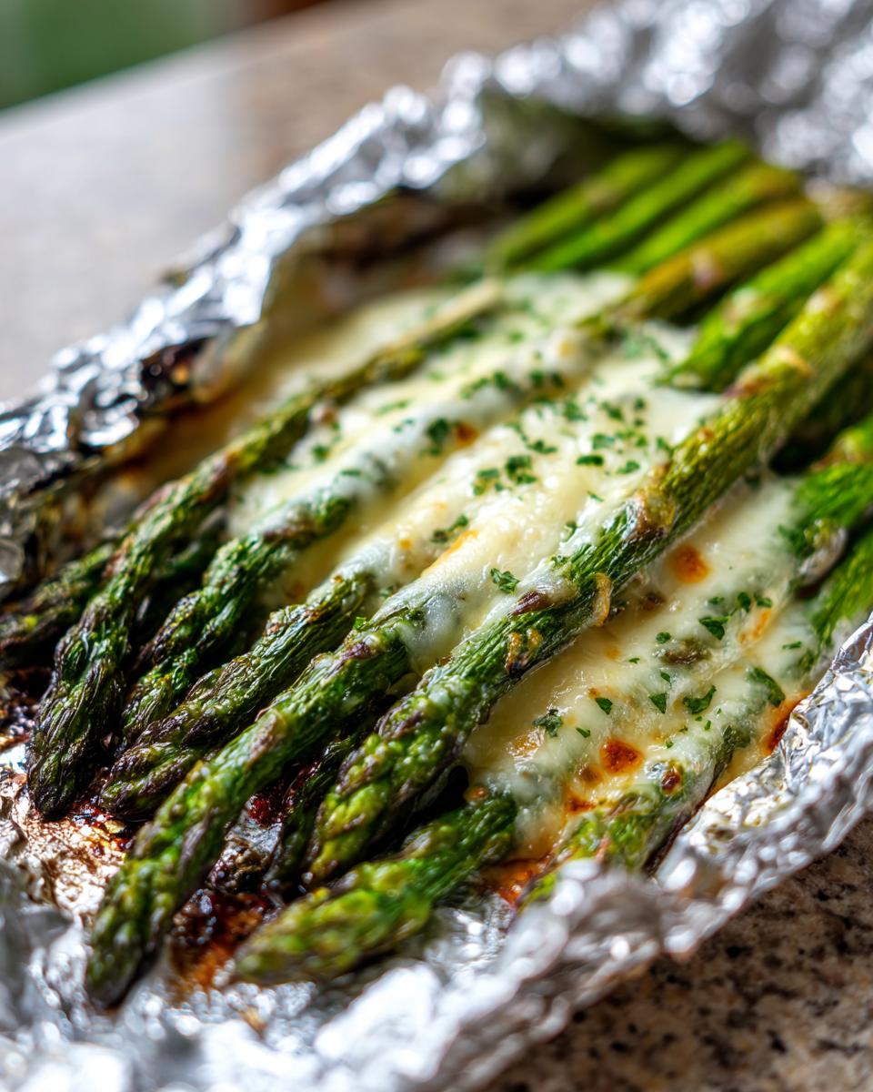 Close-up of bright green asparagus spears topped with melted white cheese and parsley inside a foil pack.