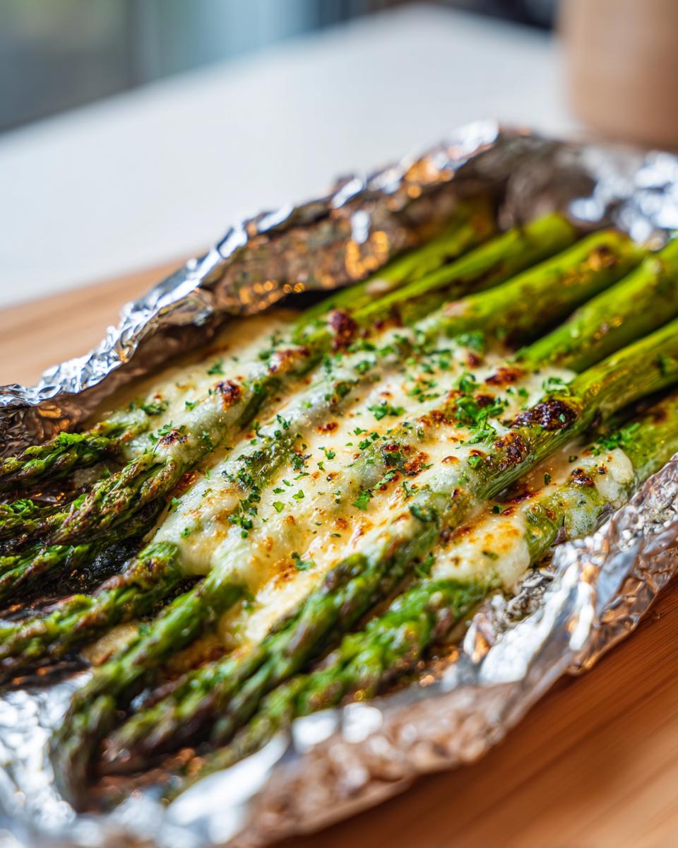Close-up of Cheesy Grilled Asparagus Foil Packs topped with melted cheese and parsley.