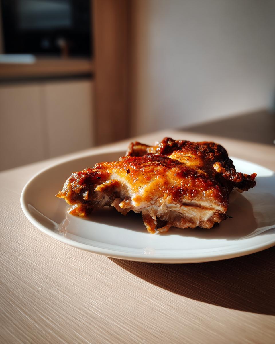 A close-up of a juicy piece of Chicken In A Pot with a caramelized glaze resting on a white plate.