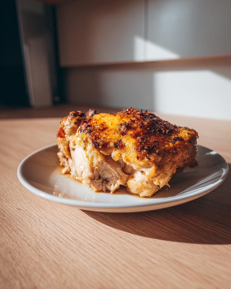 A piece of perfectly cooked Chicken In A Pot with crispy, seasoned skin served on a small white plate.