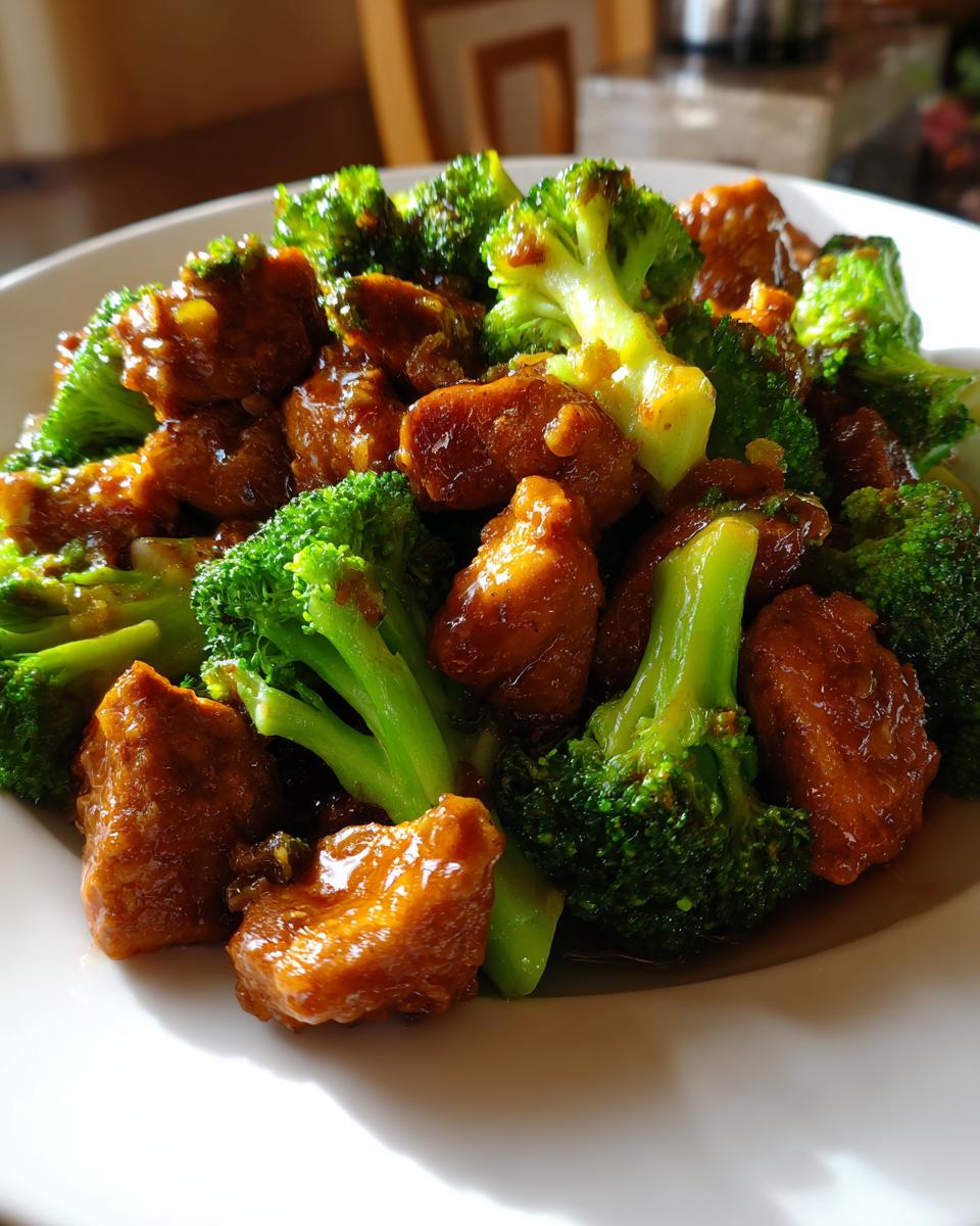 A close-up view of glossy, saucy pieces of Chinese Chicken And Broccoli served in a white bowl.