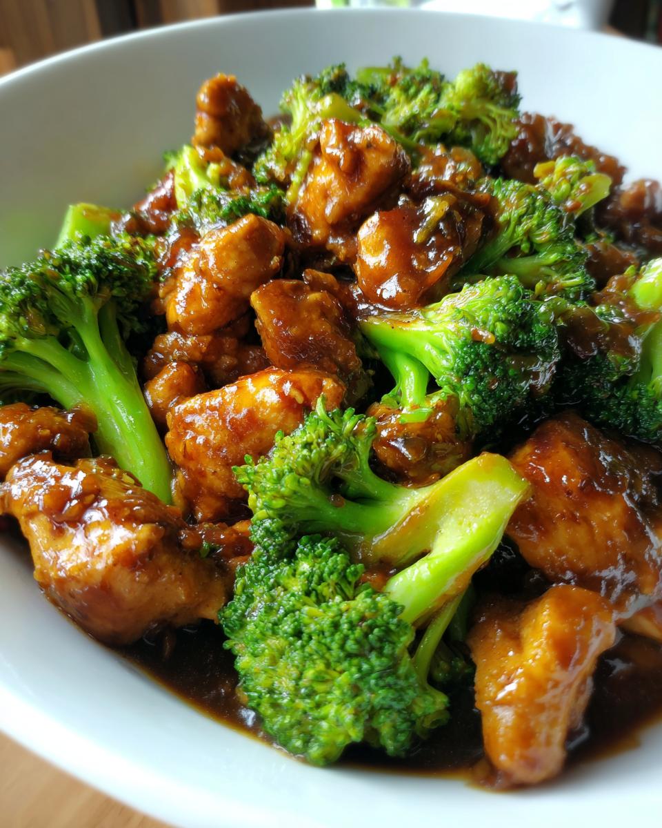 Close-up of tender chicken pieces and bright green broccoli florets coated in a rich, dark sauce, ready to serve as Chinese Chicken And Broccoli.