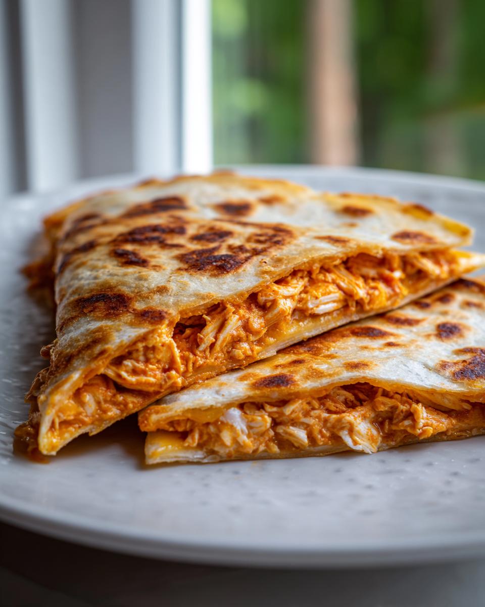 Close-up of two wedges of Chipotle Chicken Sheet Pan Quesadilla Dairy Free, showing shredded chicken filling.