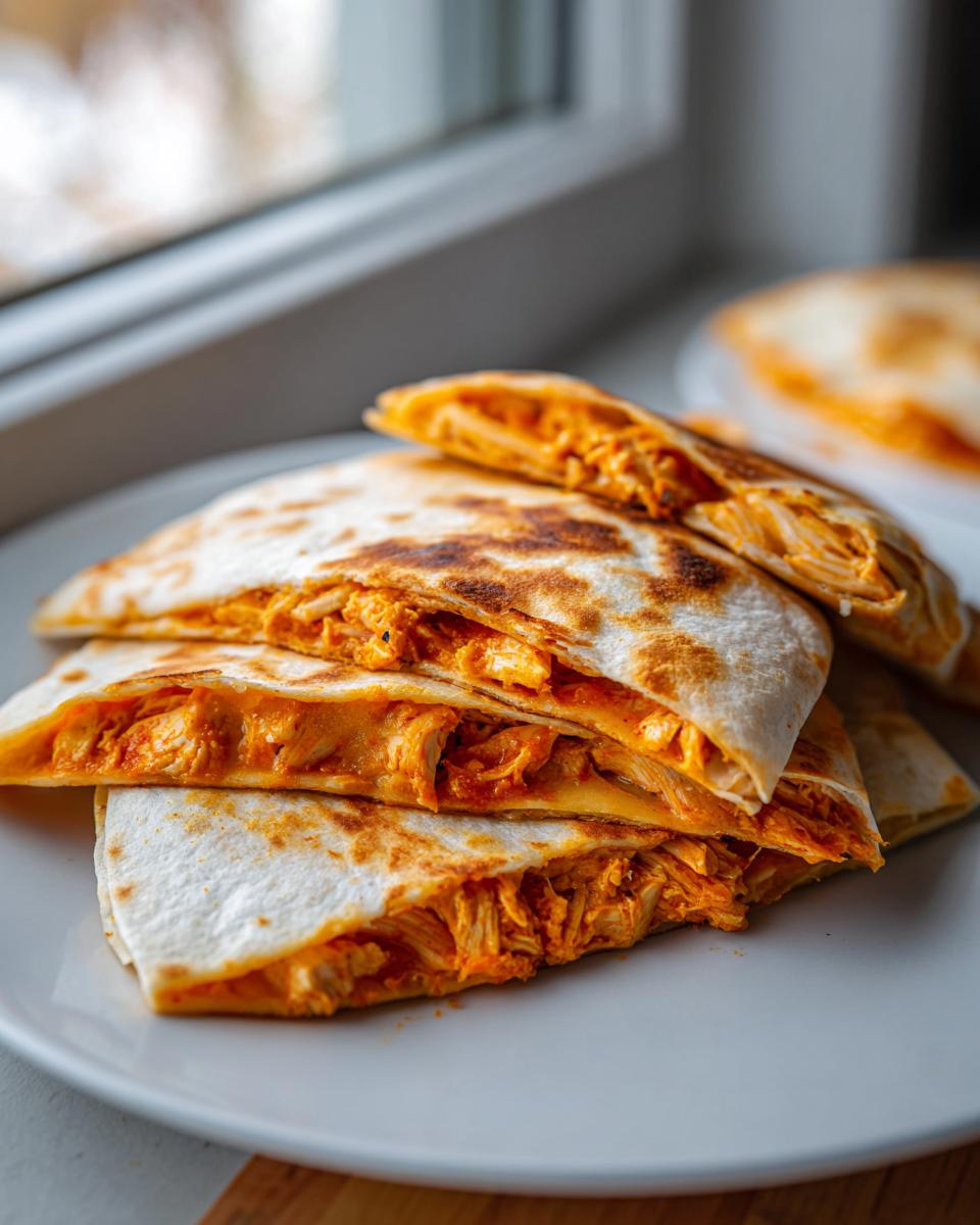Stack of golden-brown quesadilla wedges filled with spicy shredded chicken, showing the Chipotle Chicken Sheet Pan Quesadilla Dairy Free filling.