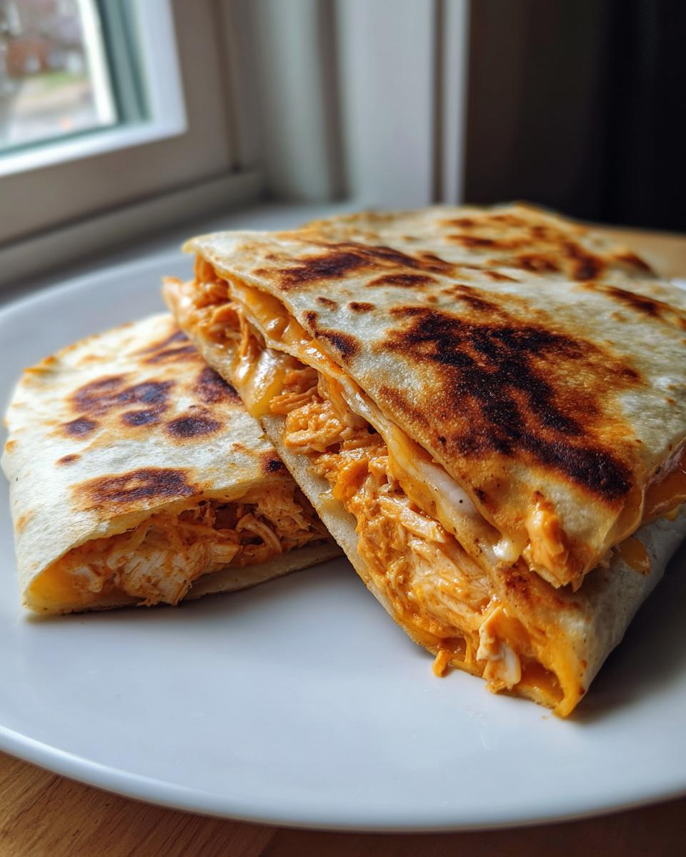 Two halves of a golden-brown Chipotle Chicken Sheet Pan Quesadilla Dairy Free, showing shredded chipotle chicken filling.