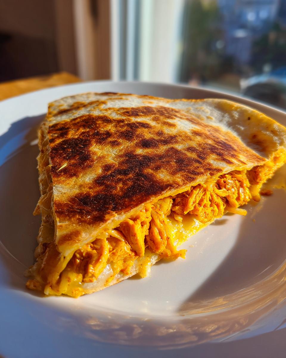 A close-up of a perfectly browned slice of Chipotle Chicken Sheet Pan Quesadilla Dairy Free, showing shredded chipotle chicken filling.