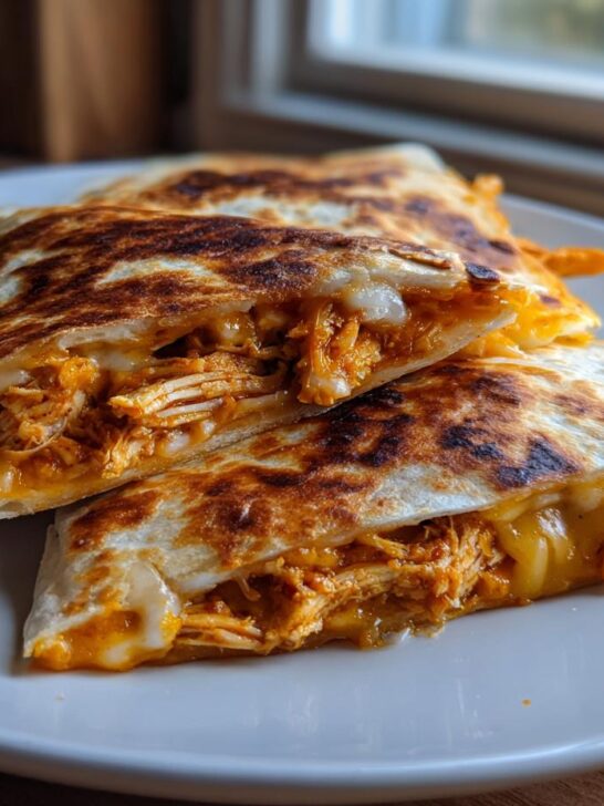 Three slices of golden-brown Chipotle Chicken Sheet Pan Quesadilla Dairy Free showing melted cheese and shredded chicken filling.