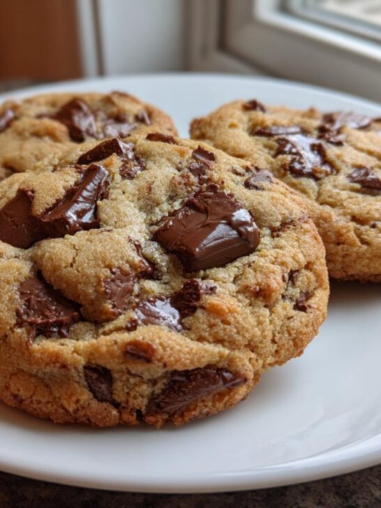 Close-up of three freshly baked Chocolate Chip Cookies Keto, featuring gooey melted chocolate chunks on a white plate.
