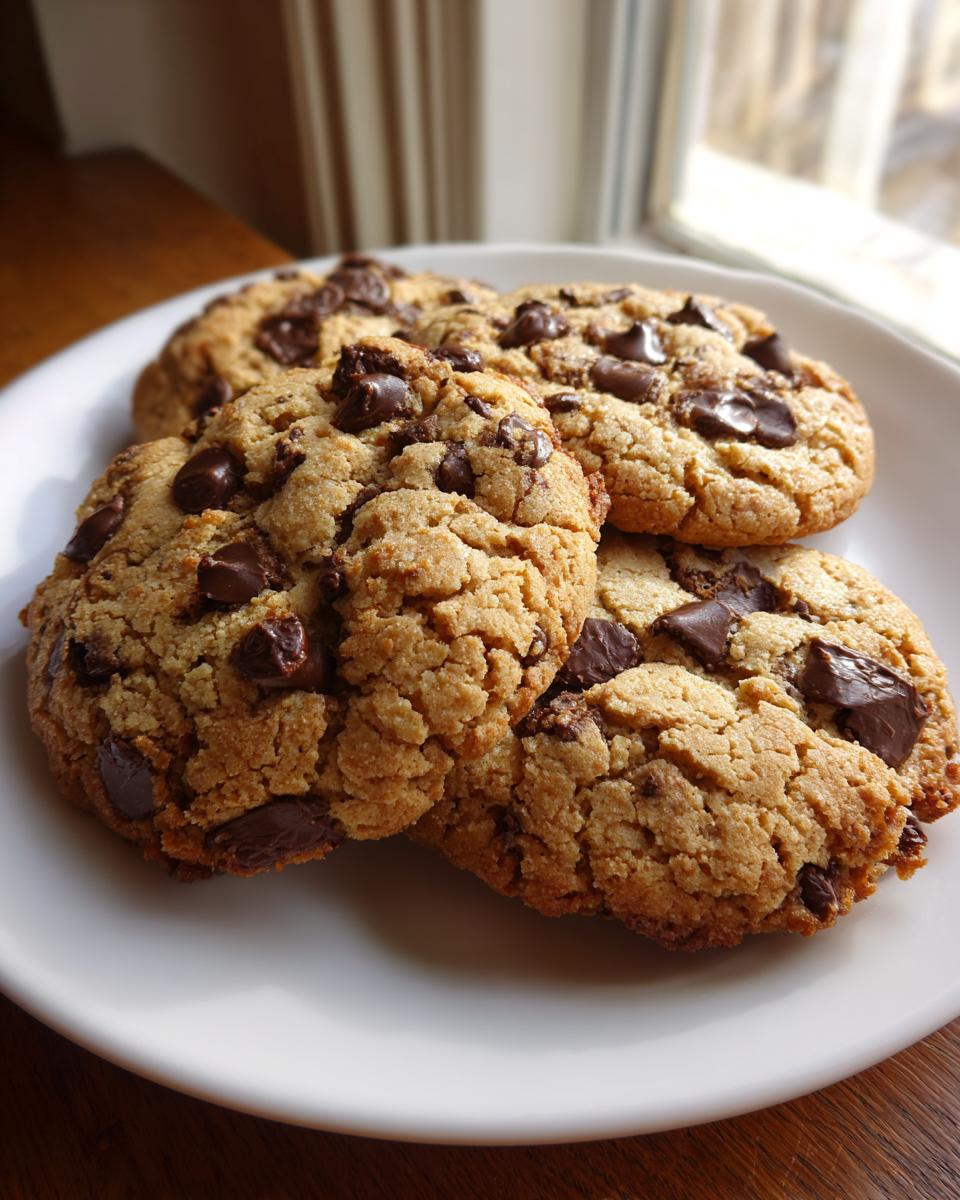 Four freshly baked Chocolate Chip Cookies Keto piled on a white plate near a bright window.