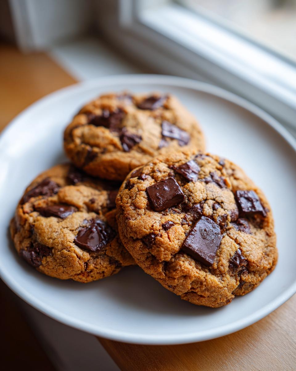 Three freshly baked Chocolate Chip Cookies Keto stacked slightly on a white plate near a window.