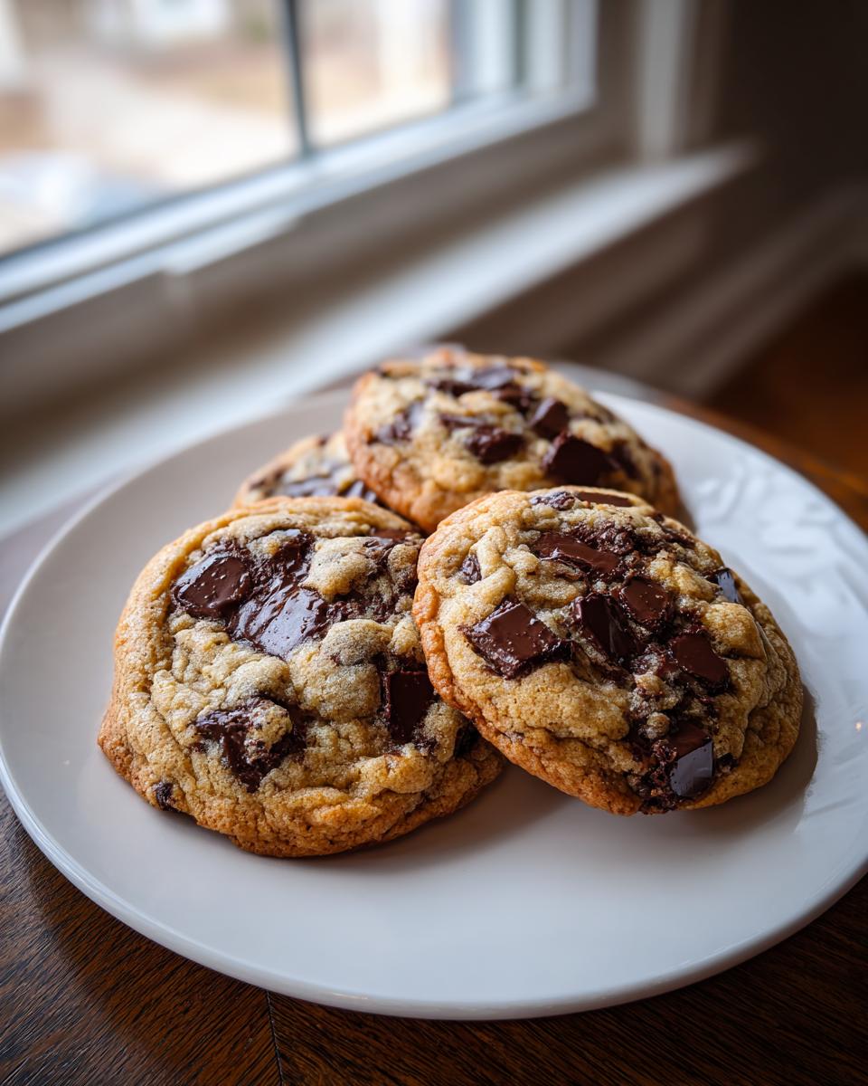 Four freshly baked Chocolate Chip Cookies Keto with melted chocolate chunks, resting on a white plate near a window.