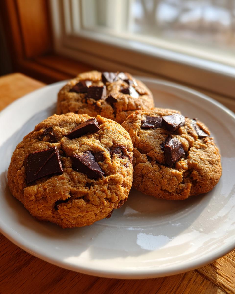 Three perfectly baked Chocolate Chip Cookies Keto with large chunks of dark chocolate, resting on a white plate near a window.
