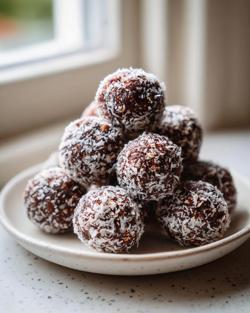 A stack of rich, dark Chocolate Coconut Energy Bites rolled in shredded white coconut flakes on a light plate.