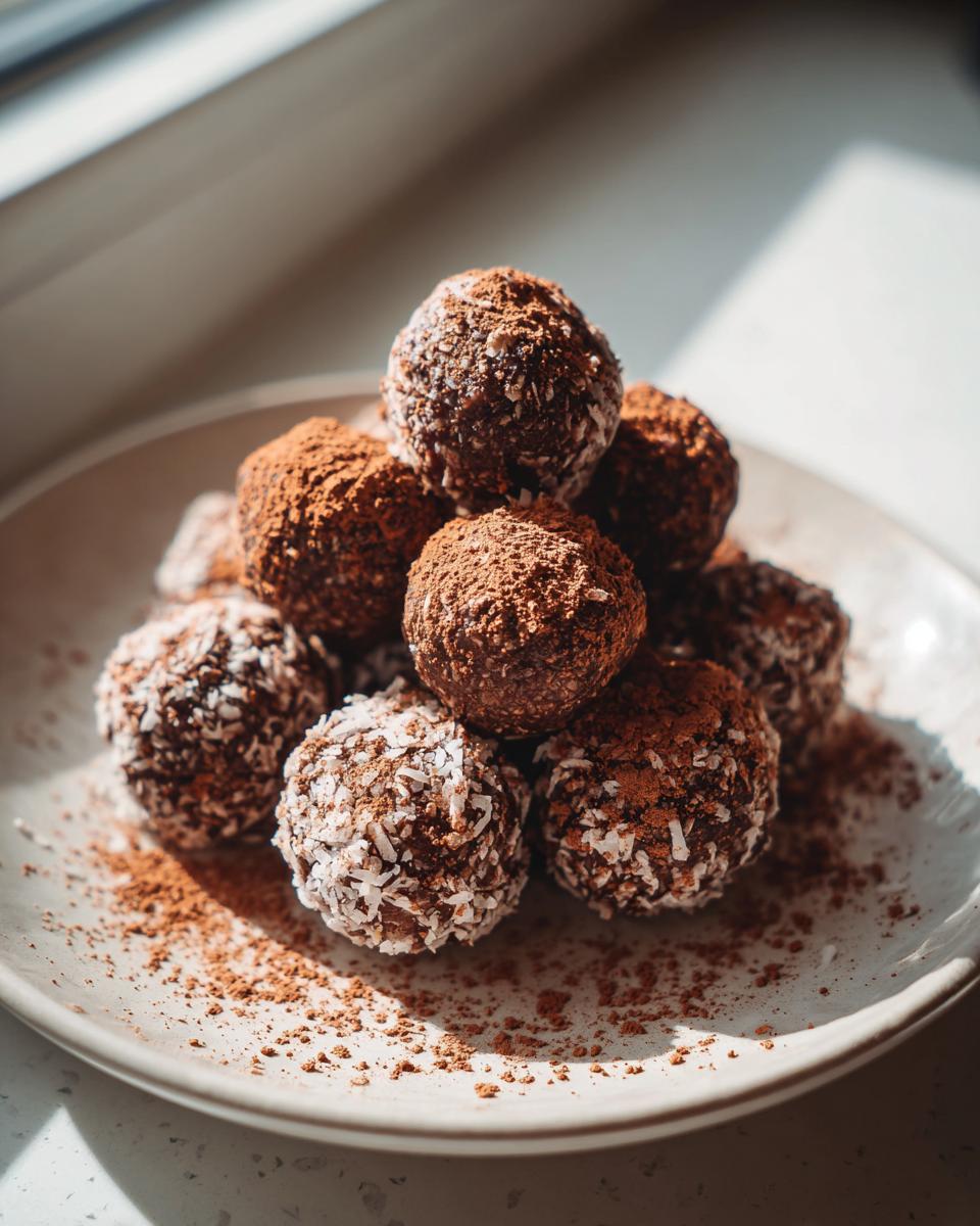 A stack of Chocolate Coconut Energy Bites, some rolled in cocoa powder and others in shredded coconut, on a light plate.