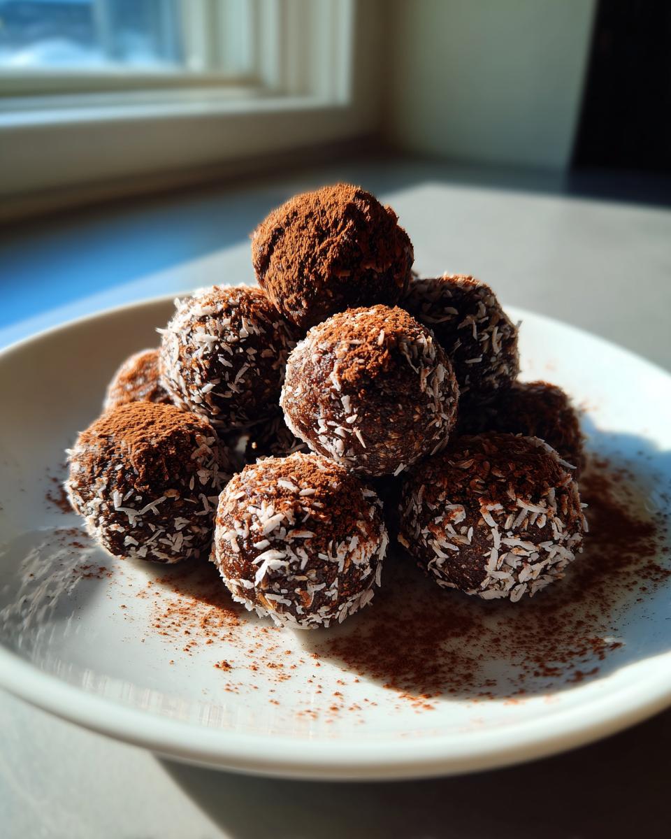 A stack of homemade Chocolate Coconut Energy Bites, some rolled in shredded coconut and others dusted with cocoa powder.