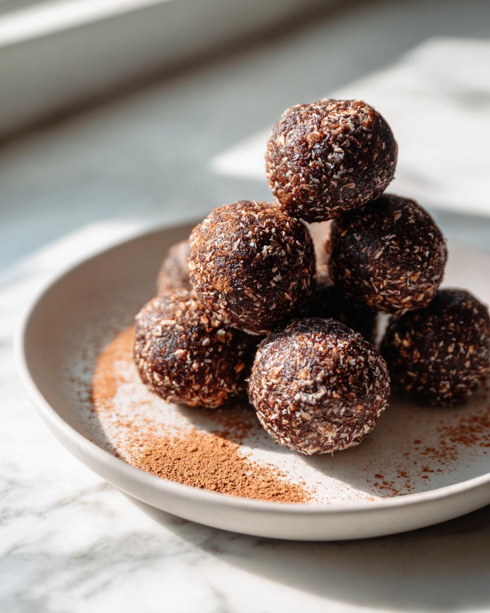A stack of dark Chocolate Coconut Energy Bites rolled in shredded coconut, resting on a white plate dusted with cocoa powder.