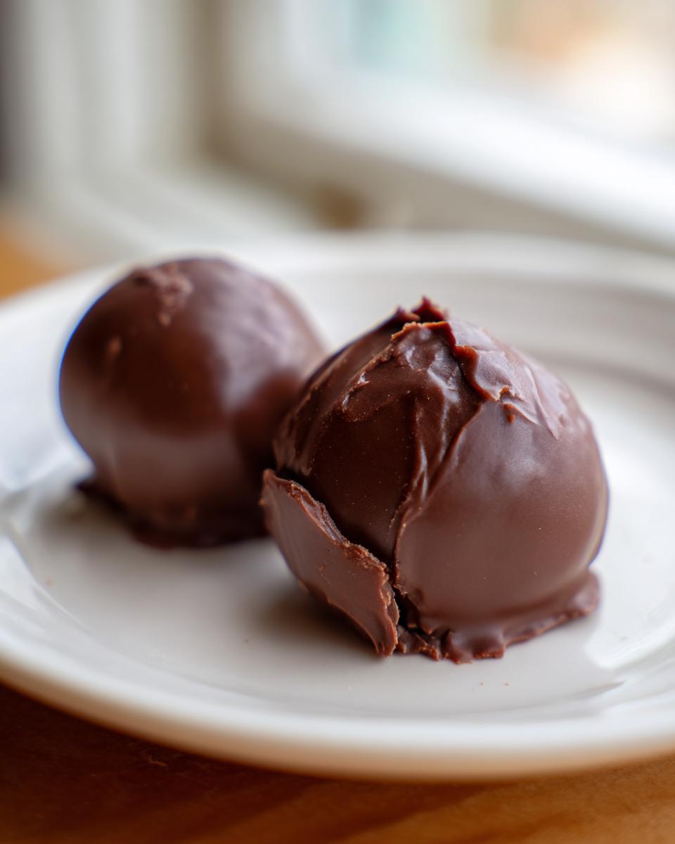 Close-up of two round, dark chocolate covered frozen bananas bites resting on a white plate.