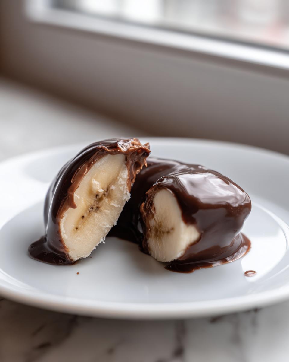 Two halves of Chocolate Covered Frozen Bananas showing the frozen white banana inside the rich melted chocolate coating.