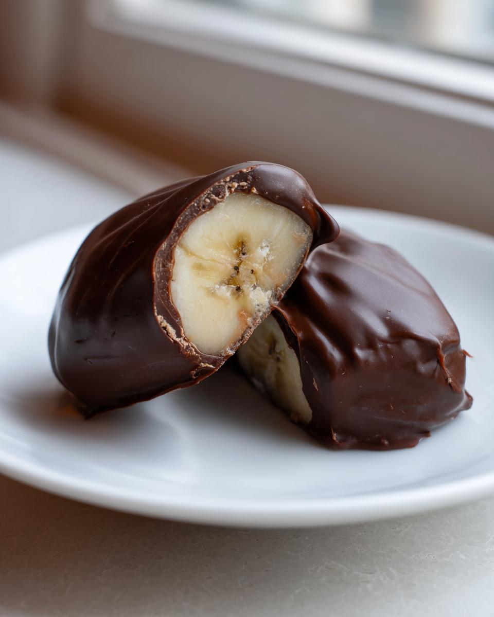 Two halves of a Chocolate Covered Frozen Bananas treat showing the frozen banana interior coated in dark chocolate.