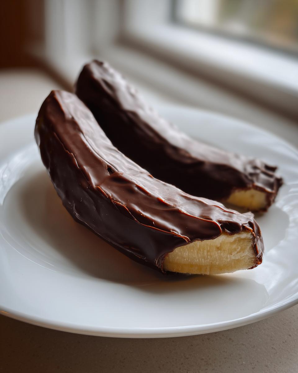 Two delicious Chocolate Covered Frozen Bananas resting on a white plate, partially dipped in dark chocolate.