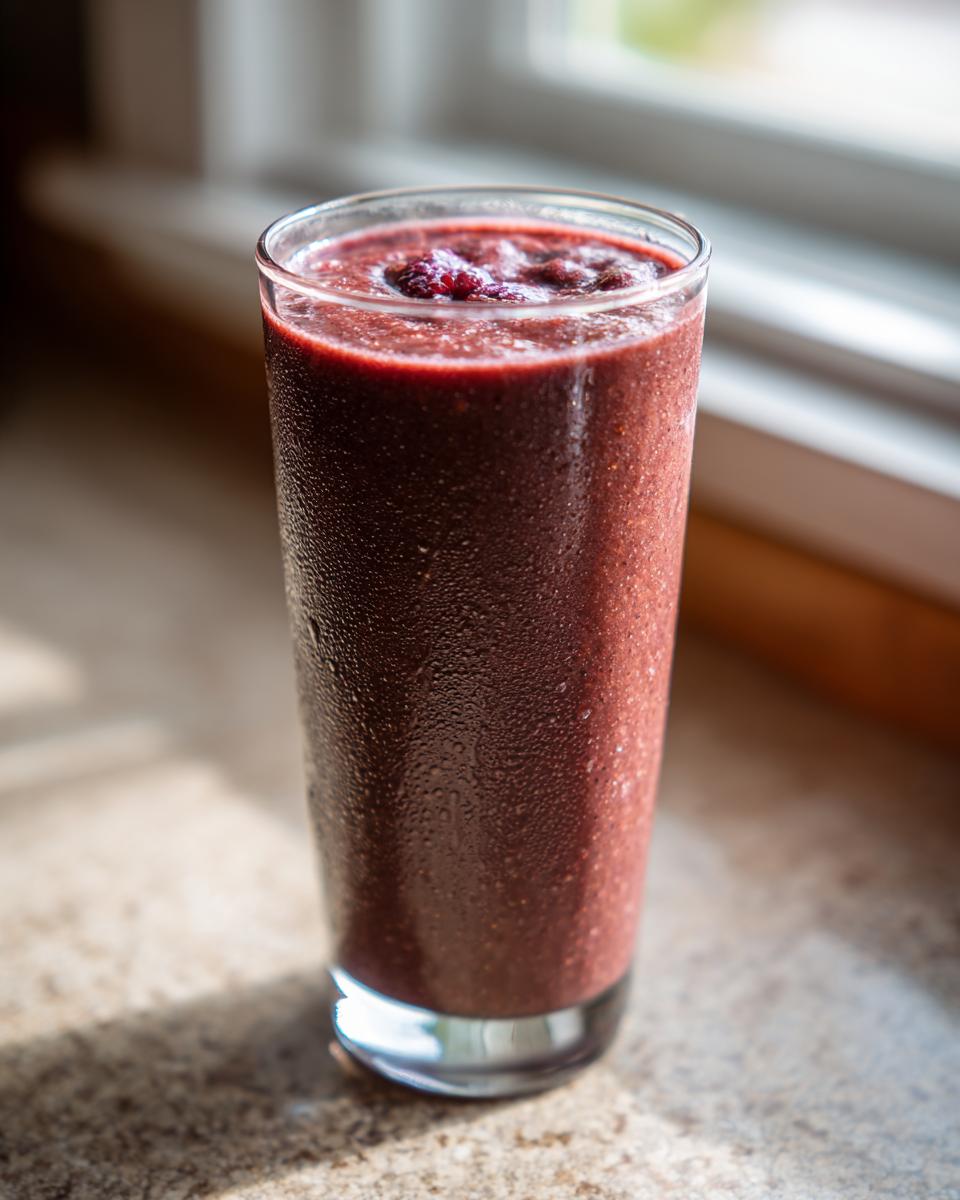 A tall, frosty glass filled with a deep purple Chocolate Raspberry Smoothie, condensation visible on the glass.