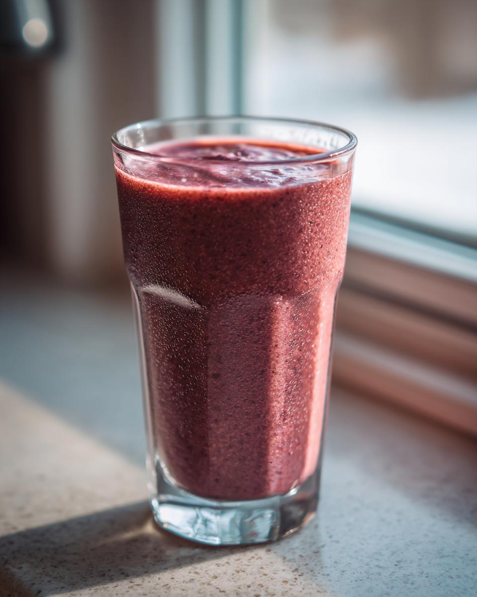 A tall glass filled with a thick, dark purple Chocolate Raspberry Smoothie sitting on a speckled countertop near a window.