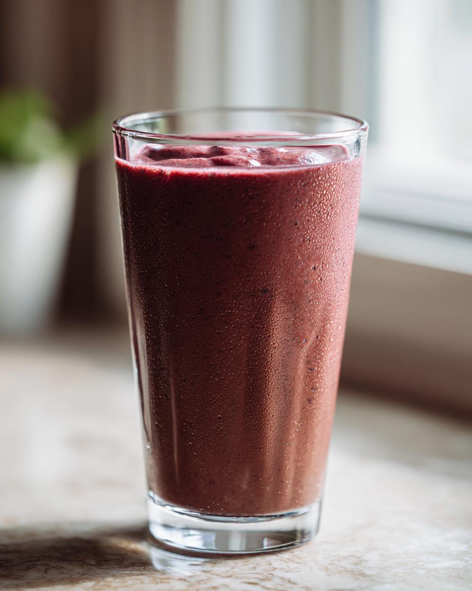 A tall glass filled with a thick, dark red Chocolate Raspberry Smoothie, showing condensation on the outside.
