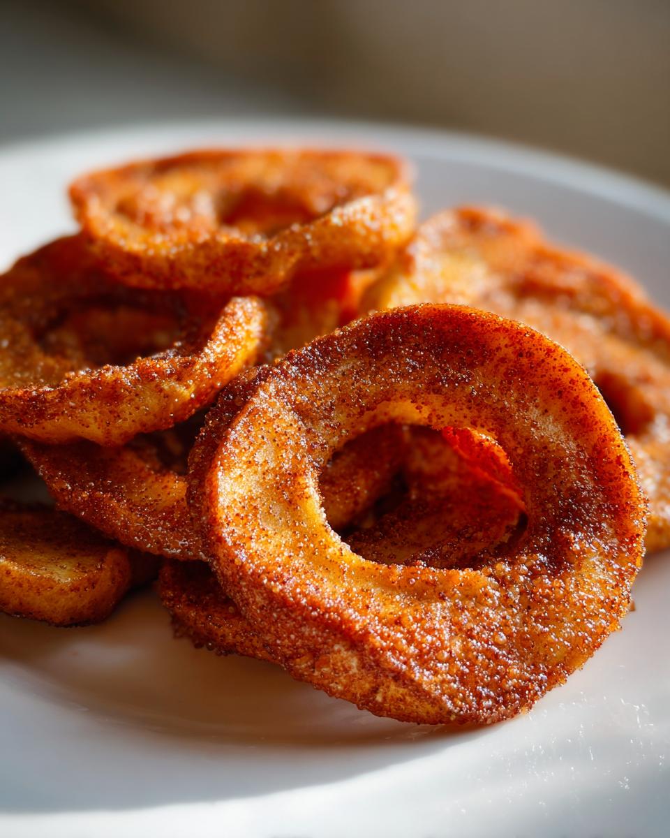 A stack of freshly made, golden brown Apple Rings heavily coated in cinnamon sugar.