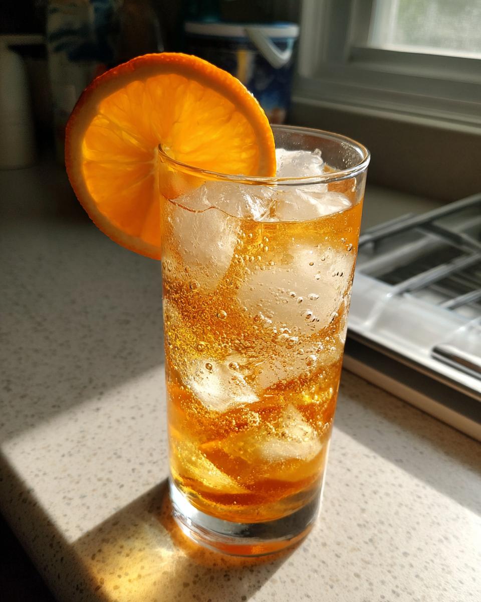 Tall glass filled with ice and a bubbly, amber Citrus Honey Mocktail, garnished with an orange wheel.