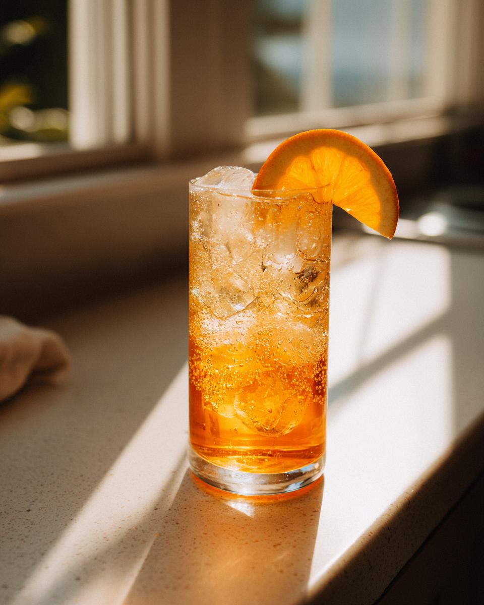 Tall glass filled with an orange-hued Citrus Honey Mocktail, ice, and an orange slice garnish.